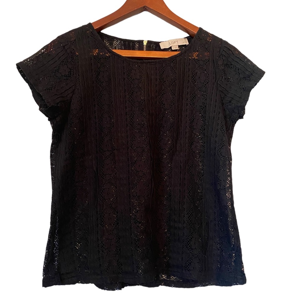 LOFT Black Lace Short Sleeved Textured Top